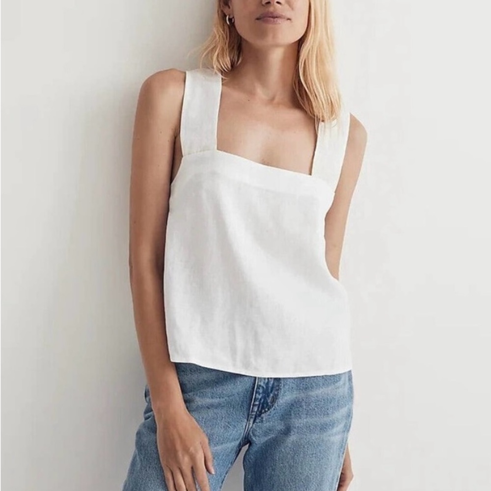 Madewell Tank Top Linen White cross-back sleeveless Women's size 10 MSRP $ 75.00